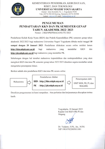 PENGUMUMAN PENDAFTARAN ONLINE KKN DAN PK SEMESTER GENAP TAHUN AJARAN 2022/2023