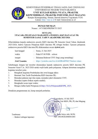 PENGUMUMAN PELEPASAN KKN/PK