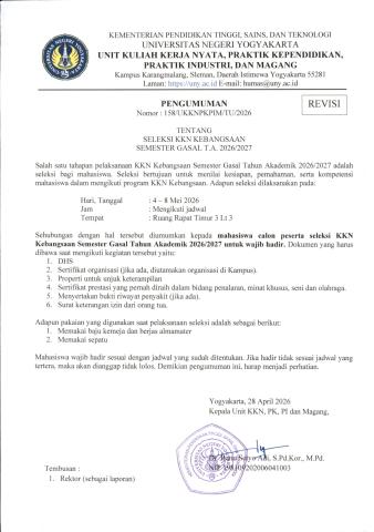PENGUMUMAN SELEKSI KKN KEBANGSAAN SEMESTER GASAL T.A. 2026/2027